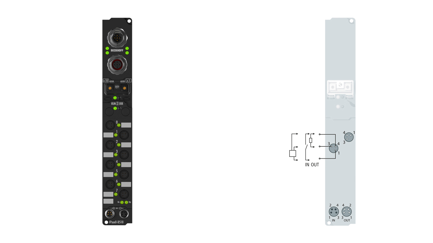 IP2330-B518 | Fieldbus Box, 4-channel digital input + 4-channel digital output, CANopen, 24 V DC, 0.2 ms, 2 A, Ø8, integrated T-connector