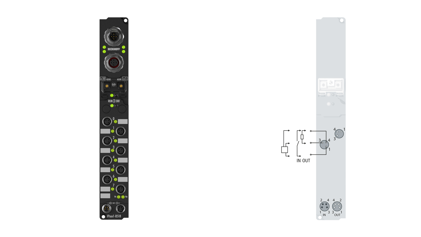 IP2331-B518 | Fieldbus Box, 4-channel digital input + 4-channel digital output, CANopen, 24 V DC, 0.2 ms, 2 A, M8, integrated T-connector