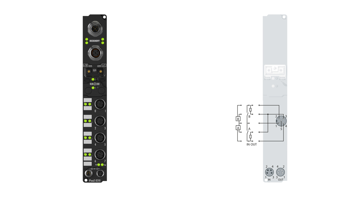 IP2302-B318 | Fieldbus Box, 4-channel digital input + 4-channel digital output, PROFIBUS, 24 V DC, 3 ms, 0.5 A, M12, integrated T-connector