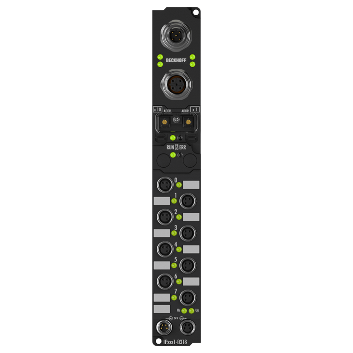 IP2401-B318 | Fieldbus Box, 8-channel digital input + 8-channel digital output, PROFIBUS, 24 V DC, 3 ms, 0.5 A, M8, integrated T-connector