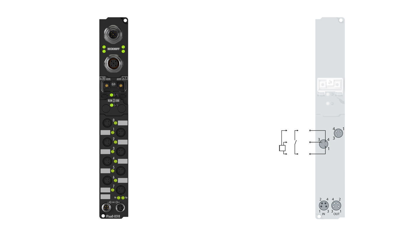 IP1000-B318 | Feldbus Box, 8-Kanal-Digital-Eingang, PROFIBUS, 24 V DC, 3 ms, Ø8, integriertes T-Stück