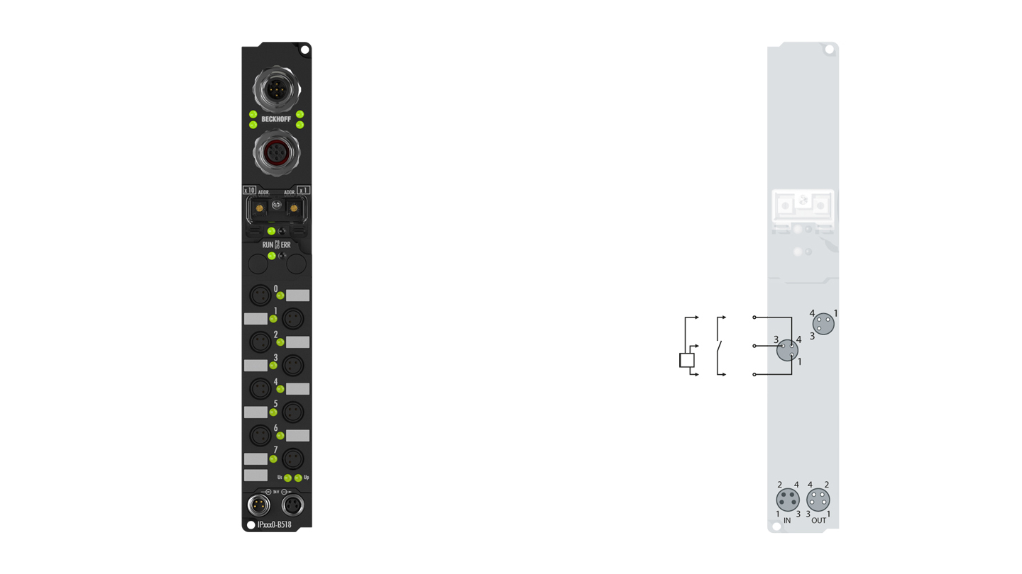 IP1000-B518 | Fieldbus Box, 8-channel digital input, CANopen, 24 V DC, 3 ms, Ø8, integrated T-connector