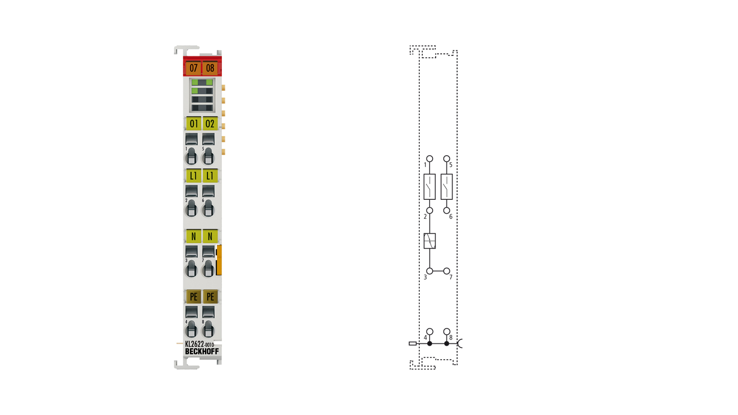 KL2622-0010 | Busklemme, 2-Kanal-Relais-Ausgang, 230 V AC, 30 V DC, 5 A, kontaktschonendes Schalten, ohne Powerkontakte