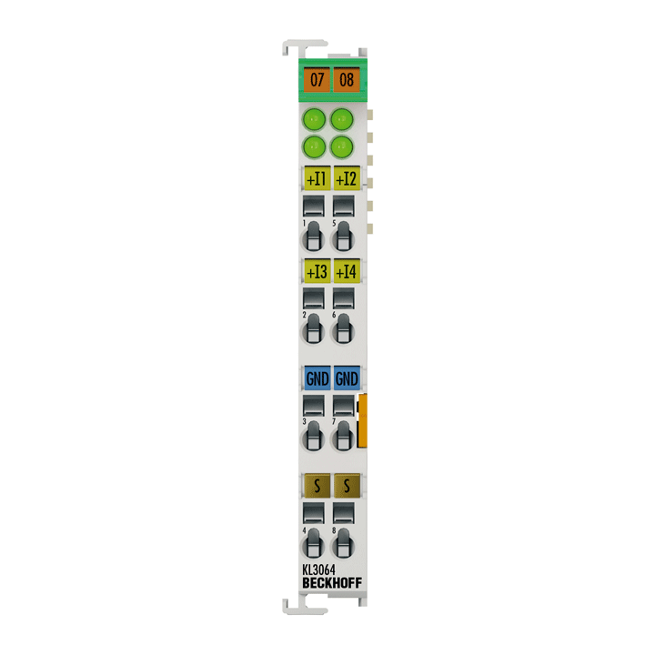 KL3064 | Busklemme, 4-Kanal-Analog-Eingang, Spannung, 0…10 V, 12 Bit, single-ended, mit Schirmanschluss
