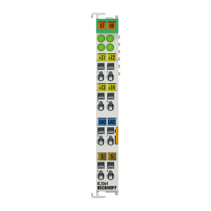 KL3064 | Bus Terminal, 4-channel analog input, voltage, 0…10 V, 12 bit, single-ended, with shield connector