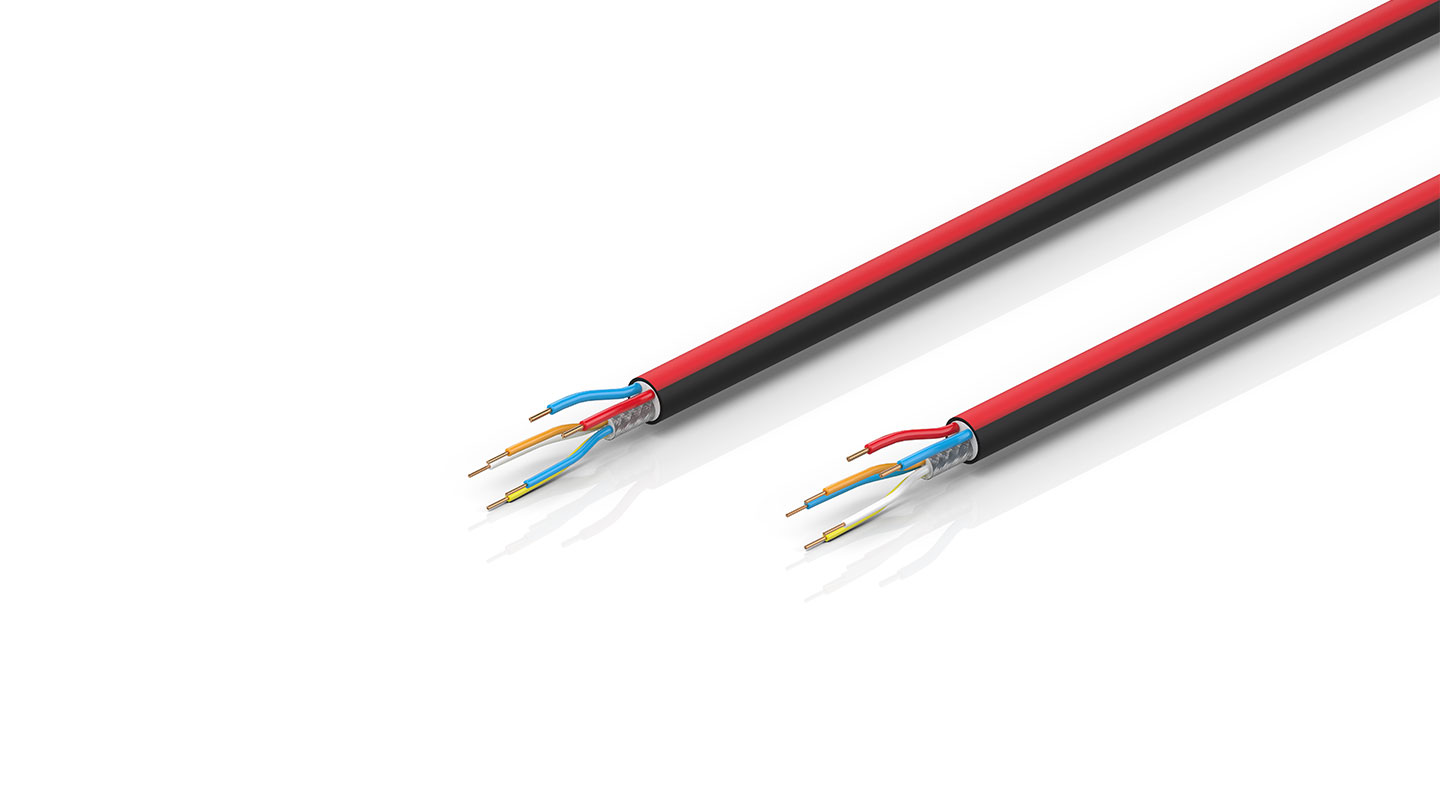 ZB7100-xxxx | EtherCAT P cable, no overall shield, PUR, drag-chain suitable, 2 x 0.75 mm² + (1 x 4 x AWG22), black with red stripe, OD = 9.0 mm (±0.2 mm)