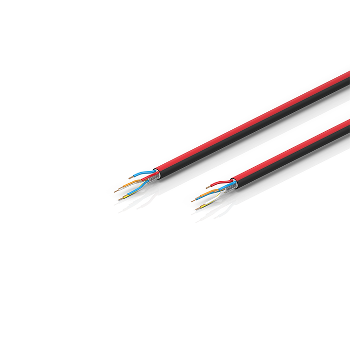 ZB7100-xxxx | EtherCAT P cable, no overall shield, PUR, drag-chain suitable, 2 x 0.75 mm² + (1 x 4 x AWG22), black with red stripe, OD = 9.0 mm (±0.2 mm)