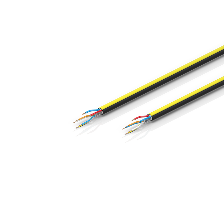 ZB7101-xxxx | EtherCAT/Ethernet cable, no overall shield, PUR, drag-chain suitable, 2 x 0.75 mm² + (1 x 4 x AWG22), black with yellow stripe, OD = 9.0 mm (±0.2 mm)