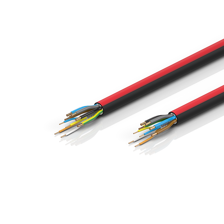 ZB7201-xxxx | EtherCAT P cable, no overall shield, PUR, drag-chain suitable, 5 G 1.5 mm² + (1 x 4 x AWG22), black with red stripe, OD = 11.0 mm (±0.2 mm)