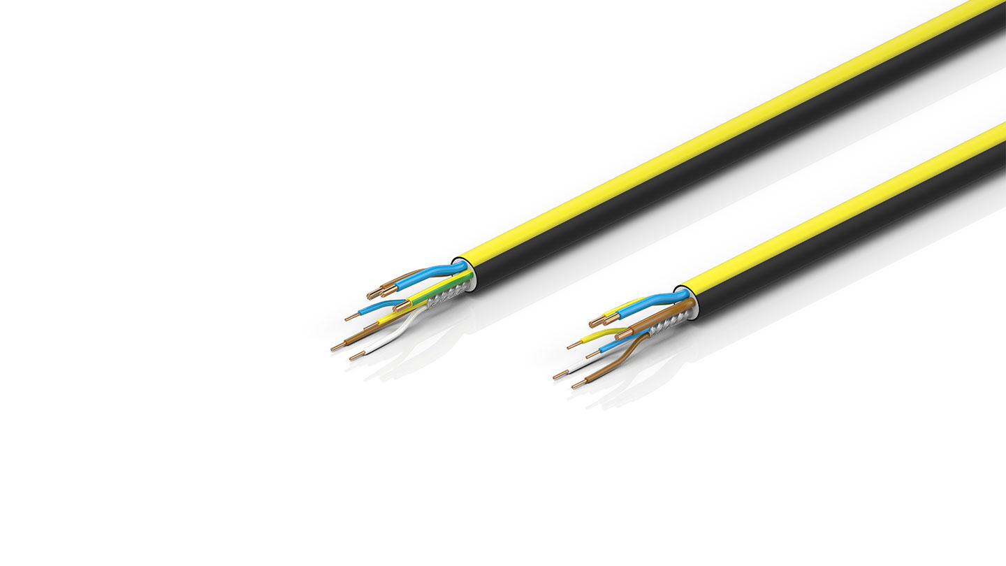 ZB7202-xxxx | EtherCAT/Ethernet cable, no overall shield, PUR, drag-chain suitable, 3 G 1.5 mm² + (1 x 4 x AWG22), black with yellow stripe, OD = 10.0 mm (±0.2 mm)