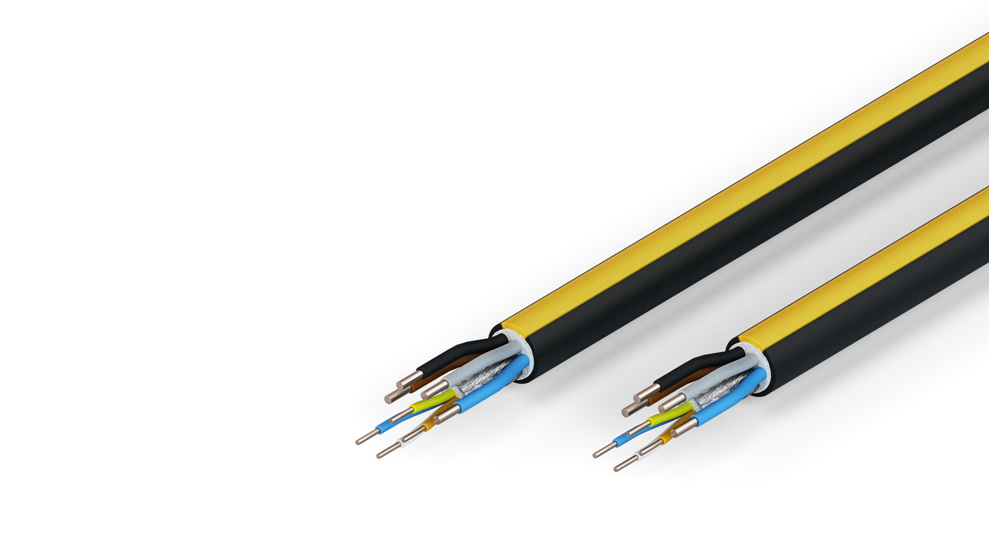 ZB7213-xxxx | EtherCAT-/Ethernet-Leitung, kein Gesamtschirm, PUR, schleppkettentauglich, 4 x 1,5 mm² + (1 x 4 x AWG22), schwarz mit gelbem Streifen, AD = 10,8 mm (±0,2 mm)