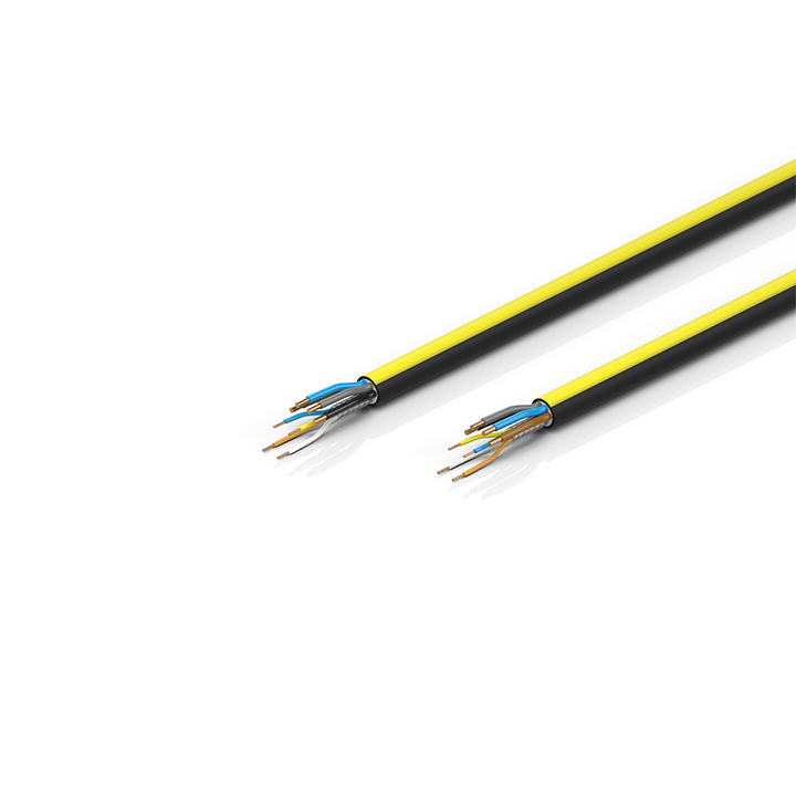 ZB7213-xxxx | EtherCAT/Ethernet cable, no overall shield, PUR, drag-chain suitable, 4 x 1.5 mm² + (1 x 4 x AWG22), black with yellow stripe, OD = 10.8 mm (±0.2 mm)