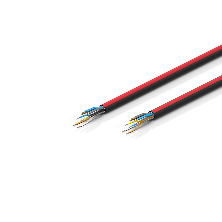 ZB7215-xxxx | EtherCAT P cable, no overall shield, PUR, drag-chain suitable, 4 x 1.5 mm² + (1 x 4 x AWG22), black with red stripe, OD = 10.8 mm (±0.2 mm)