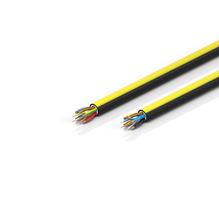 ZB7301-xxxx | EtherCAT cable, no total screen, PUR, drag chain suitable, 4G4 mm² + 2 x 2.5 mm² + (1 x 4 x AWG22), black with yellow stripe, OD = 14,1 (±0.2 mm)