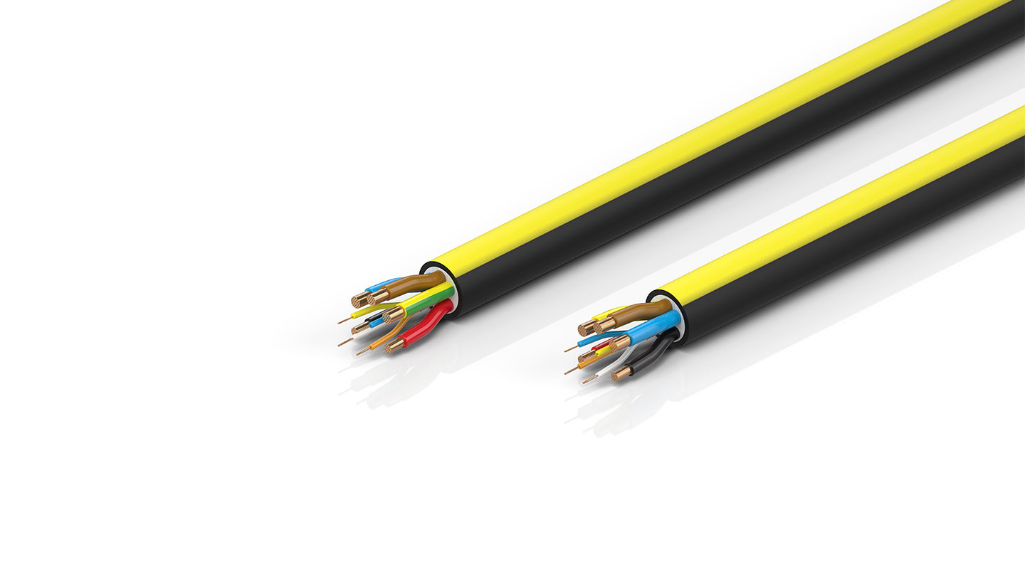 ZB7303-xxxx | EtherCAT cable, no total screen, PUR, drag chain suitable, 3G4 mm² + 2 x 2.5 mm² + (1 x 4 x AWG22), black with yellow stripe, OD = 15.0 (±0.2 mm)