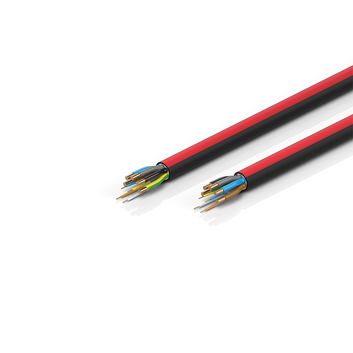 ZB7304-xxxx | EtherCAT P cable, no total screen, PUR, drag-chain suitable, 5G4 mm² + (1 x 4 x AWG22), black with red stripe, OD = 15.0 mm (±0.2 mm)