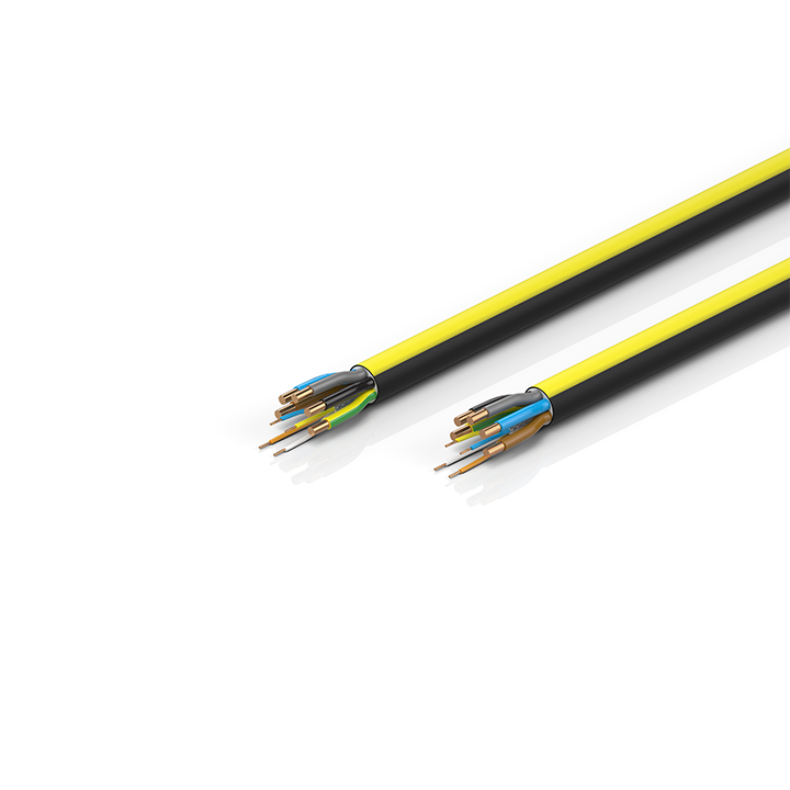 ZB7309-xxxx | EtherCAT-/Ethernet cable, no total screen, PVC, fixed installation, 5G4 mm² + (1 x 4 x AWG22), black with yellow stripe, OD = 13.8 mm (±0.2 mm)